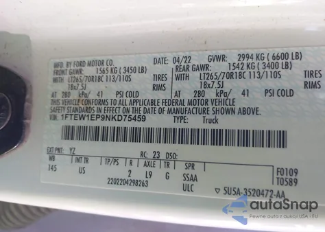 2022 Ford F-150 Xlt z USA, uszkodzony, nr VIN 1FTEW1EP9NKD75459